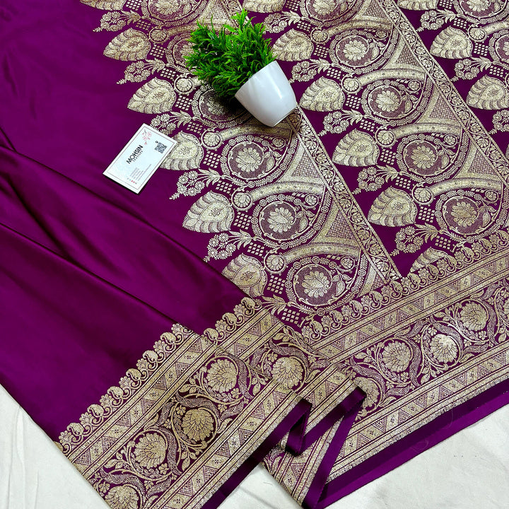 Purple Plain Golden Zari Katan Silk Banarasi Saree