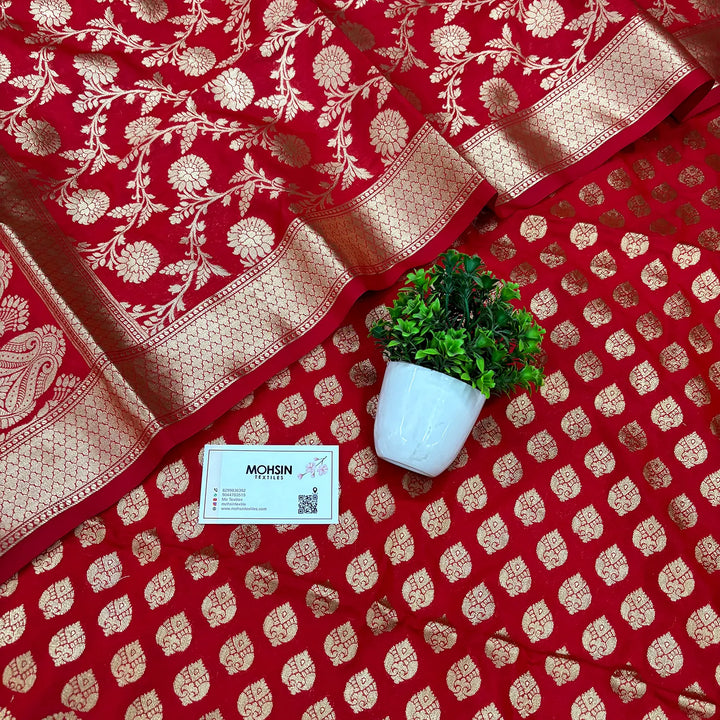 Red Gumbad Buti Katan Silk Banarasi Suit