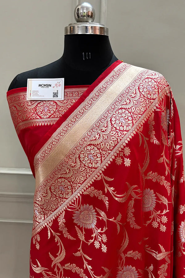 Red Persian Jaal Katan Silk Banarasi Saree