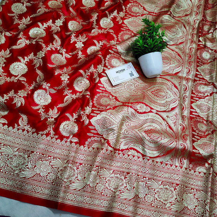 Red Shahanshahi Jaal Katan Silk Banarasi Saree