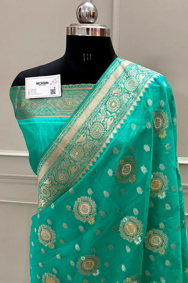 Sea Green Golden Zari Organza Silk Banarasi Saree