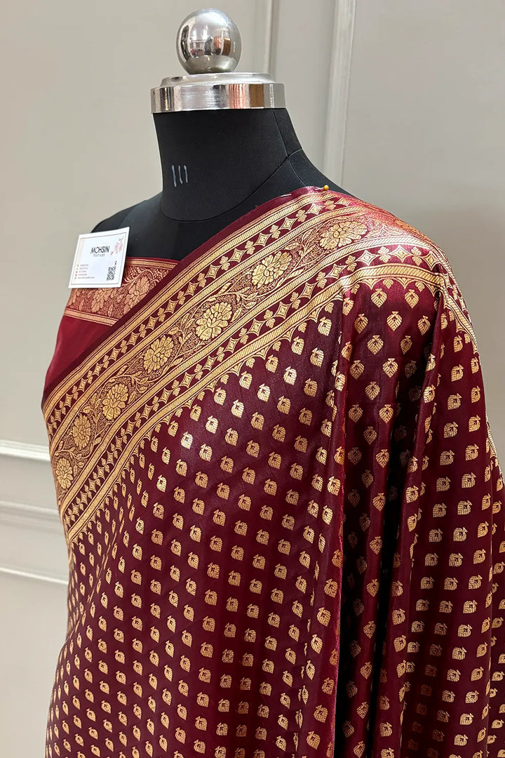 Wine Golden Paan Katan Silk Banarasi Saree