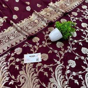 Wine Golden Zari Katan Silk Banarasi Suit