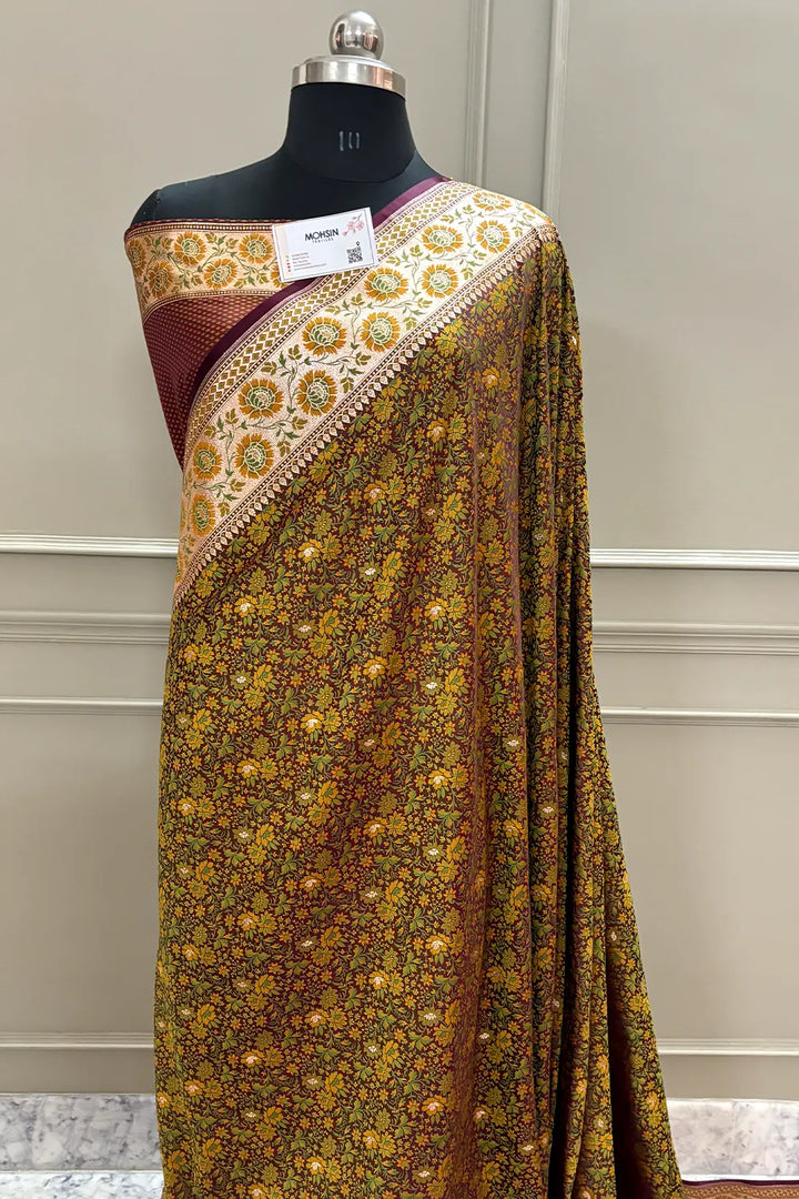 Wine and Mehendi Jungli Jaal Katan Silk Banarasi Saree