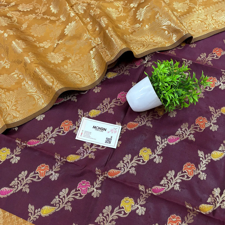 Wine and Mustard Rang Mahal Satin Silk Banarasi Suit