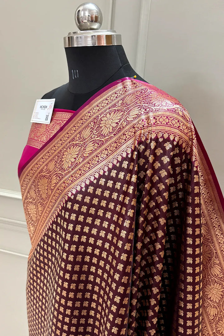 Wine and Pink Chidi Buti Katan Silk Banarasi Saree