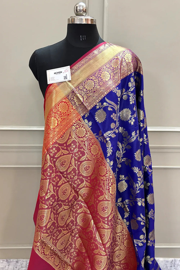 Auda and Royal Blue Morpankhi Jaal Satin Silk Banarasi Saree