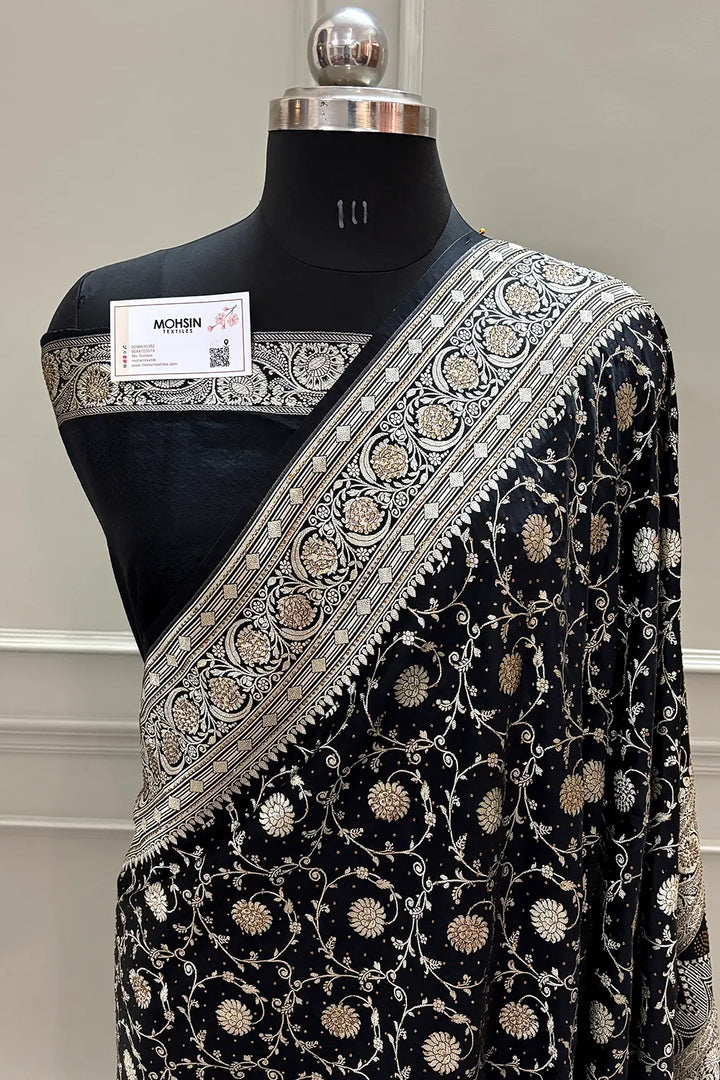 Black Murerwa Daal Swarovski Stone Katan Silk Banarasi Saree