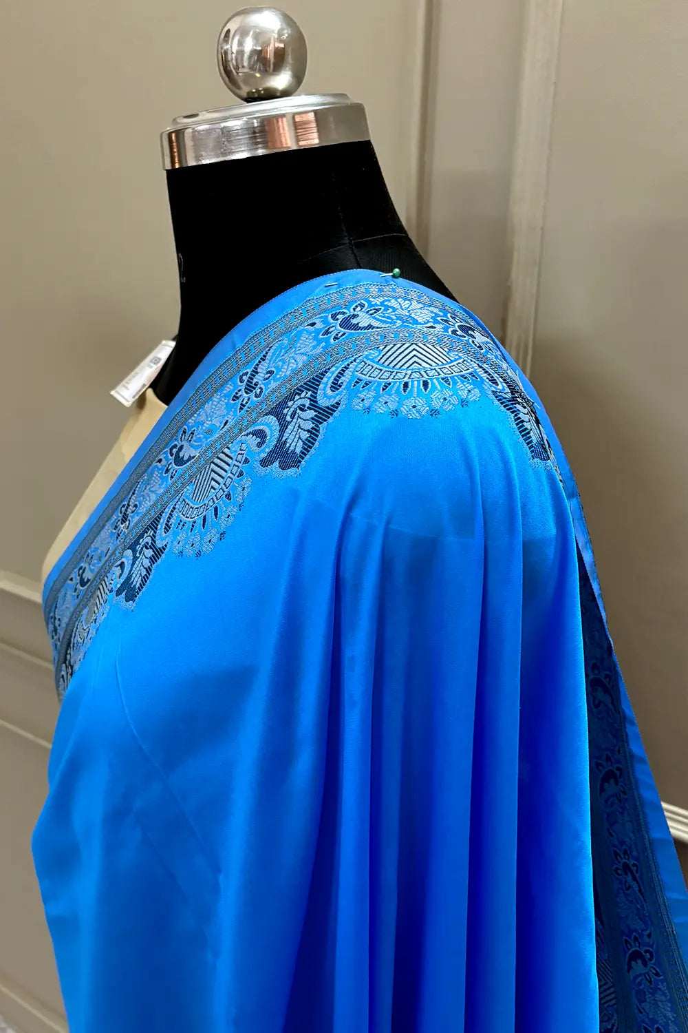 Blue and Beige Plain Resham Silk Banarasi Saree