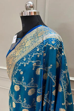 Firozi Bhawar Jaal Katan Silk Banarasi Saree
