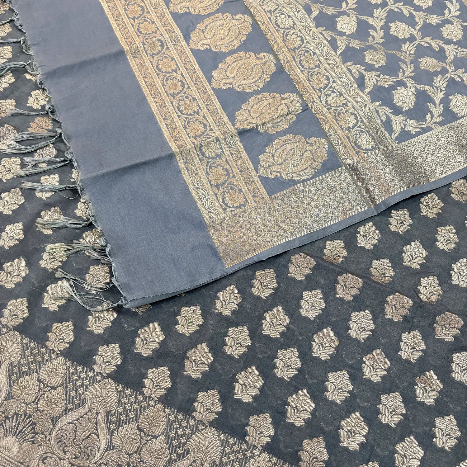 Grey Golden Zari Katan Silk Banarasi Suit