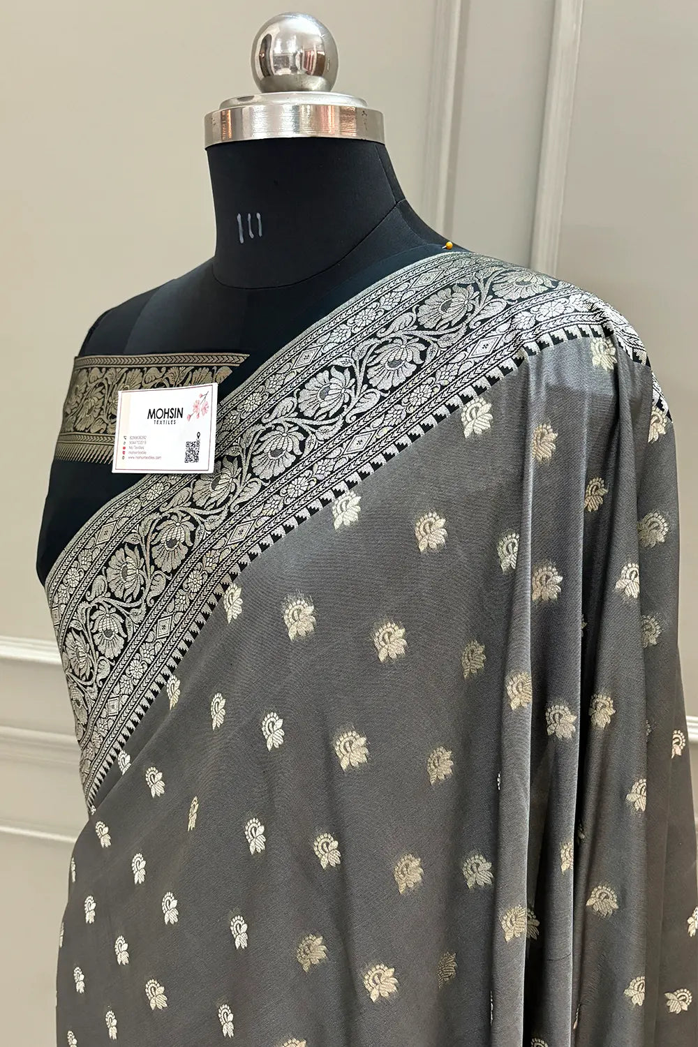 Grey and Black Ghonga Buti Katan Silk Banarasi Saree