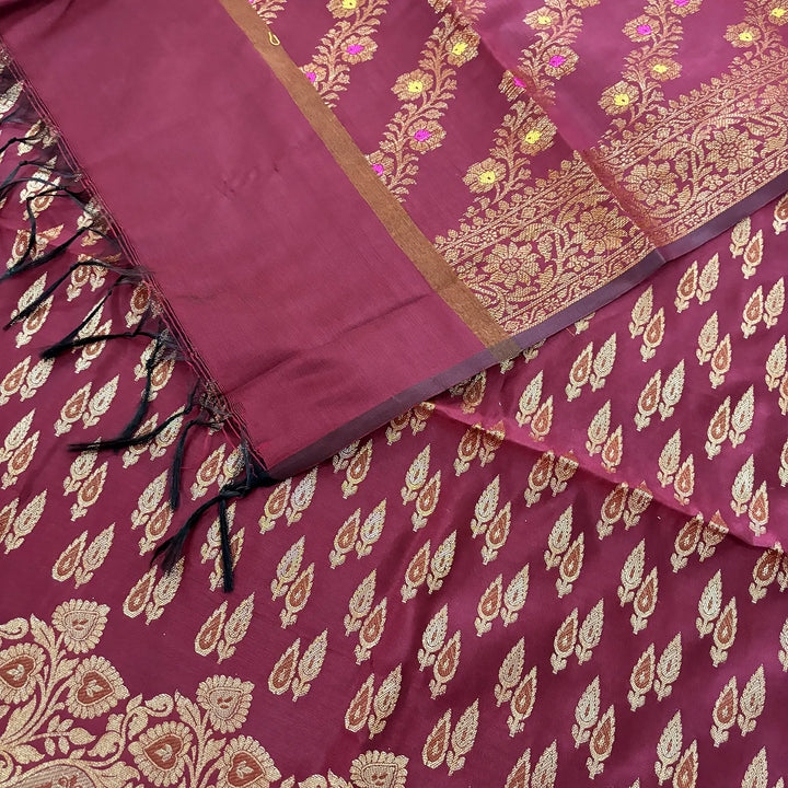 Maroon Kadi Patti Satin Silk Banarasi Suit