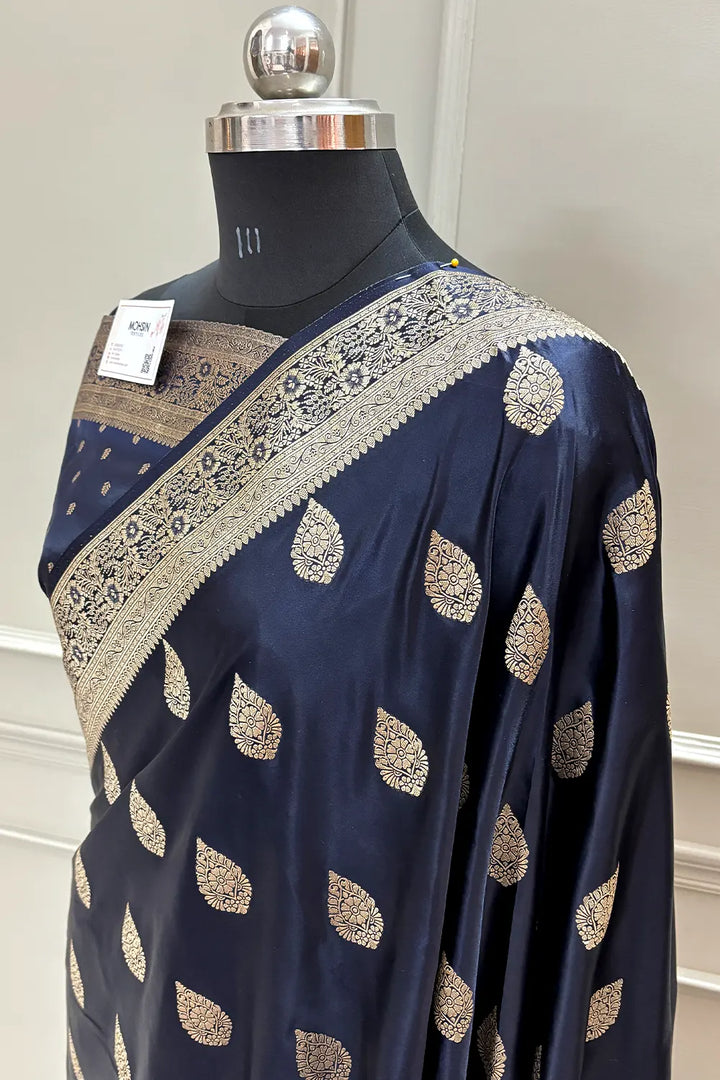 Navy Blue Badami Buta Katan Silk Banarasi Saree