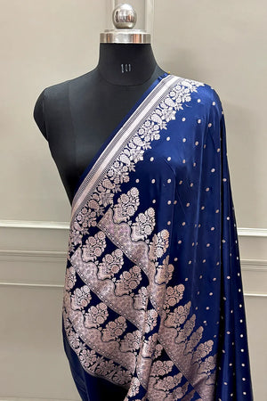 Navy Blue Hawahawai Buti Katan Silk Banarasi Saree