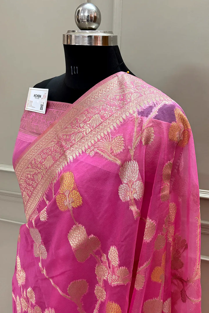 Pink Golden Zari Organza Silk Banarasi Saree