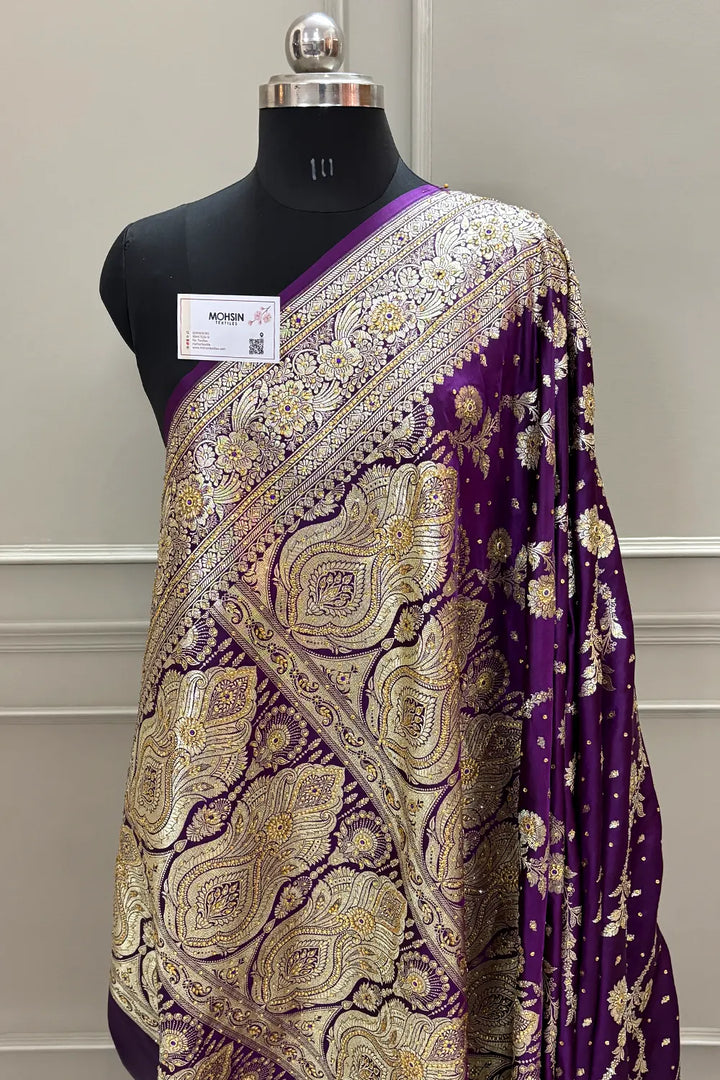 Purple Tirchi Daal Stone Work Katan Silk Banarasi Saree