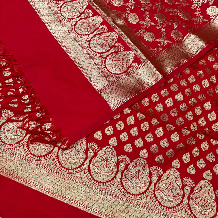 Red Gumbad Buti Katan Silk Banarasi Suit