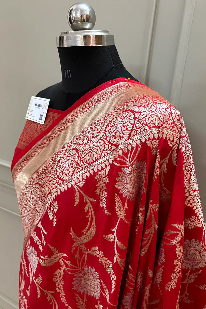 Red Persian Jaal Katan Silk Banarasi Saree