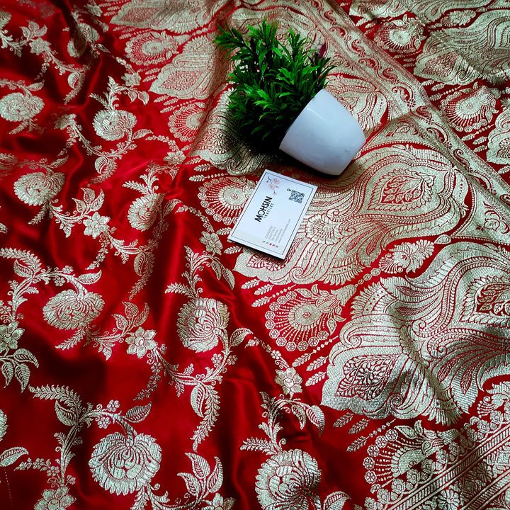 Red Shahanshahi Jaal Katan Silk Banarasi Saree