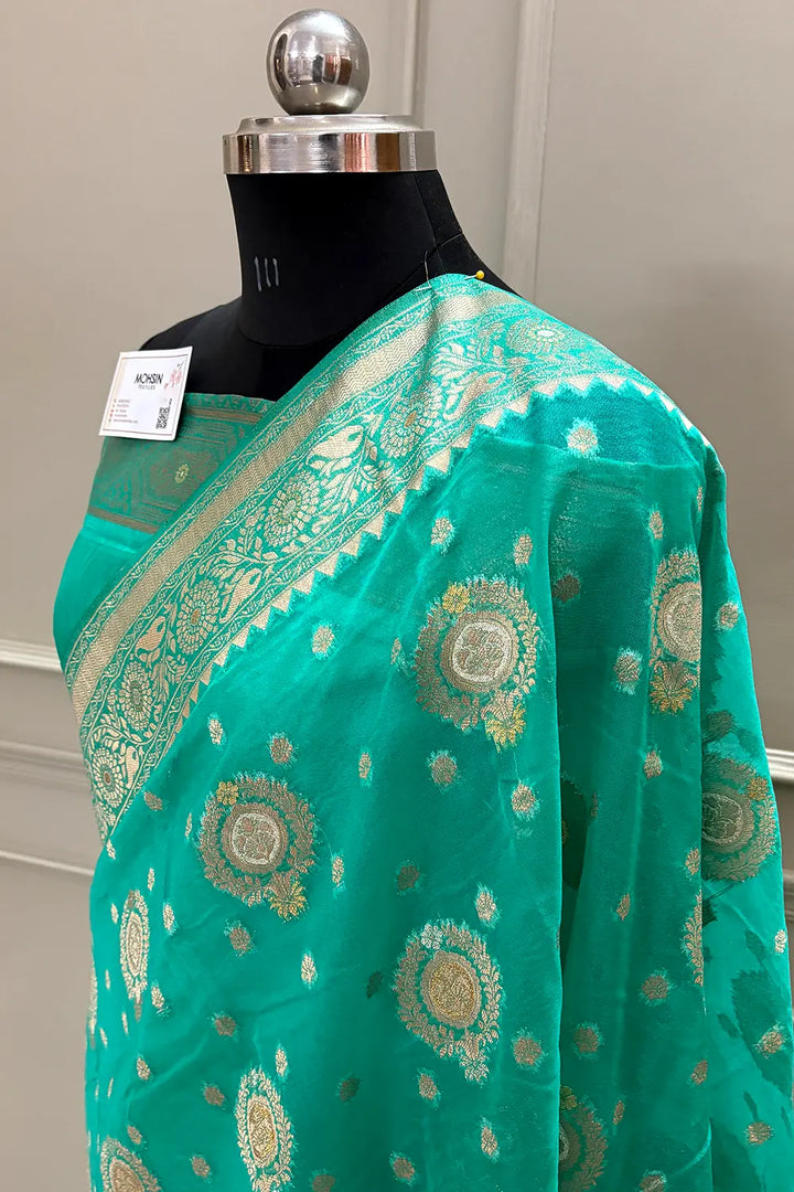 Sea Green Golden Zari Organza Silk Banarasi Saree