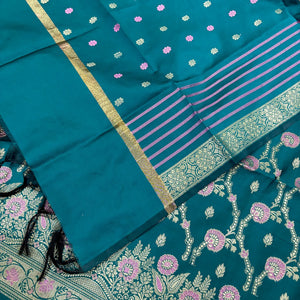 Teal Golden Zari Satin Silk Banarasi Suit