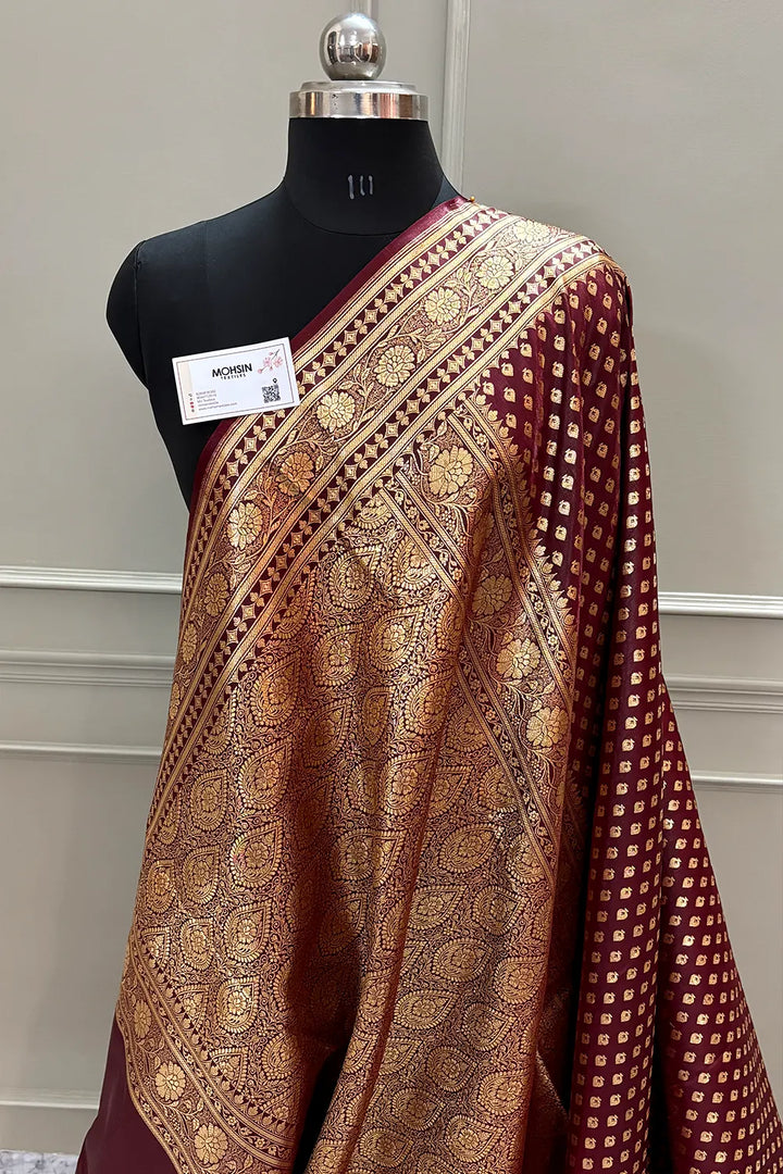 Wine Golden Paan Katan Silk Banarasi Saree