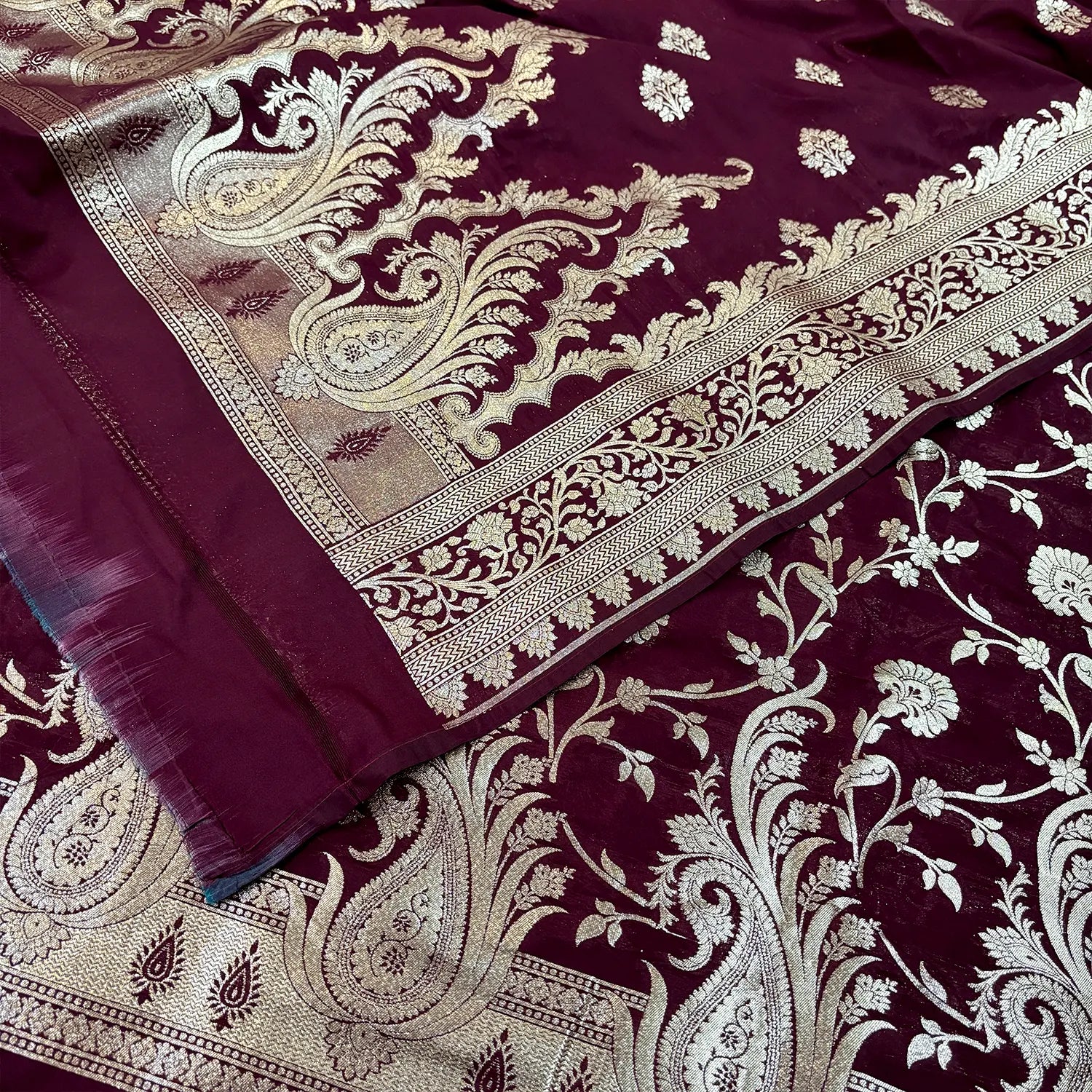 Wine Golden Zari Katan Silk Banarasi Suit