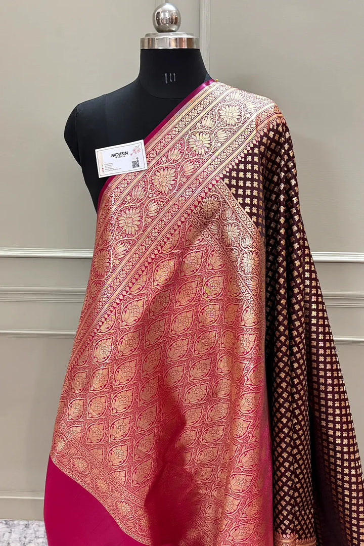 Wine and Pink Chidi Buti Katan Silk Banarasi Saree