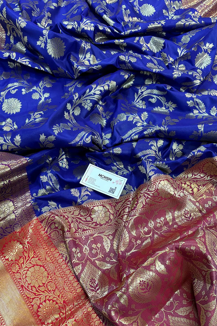 Auda and Royal Blue Morpankhi Jaal Satin Silk Banarasi Saree