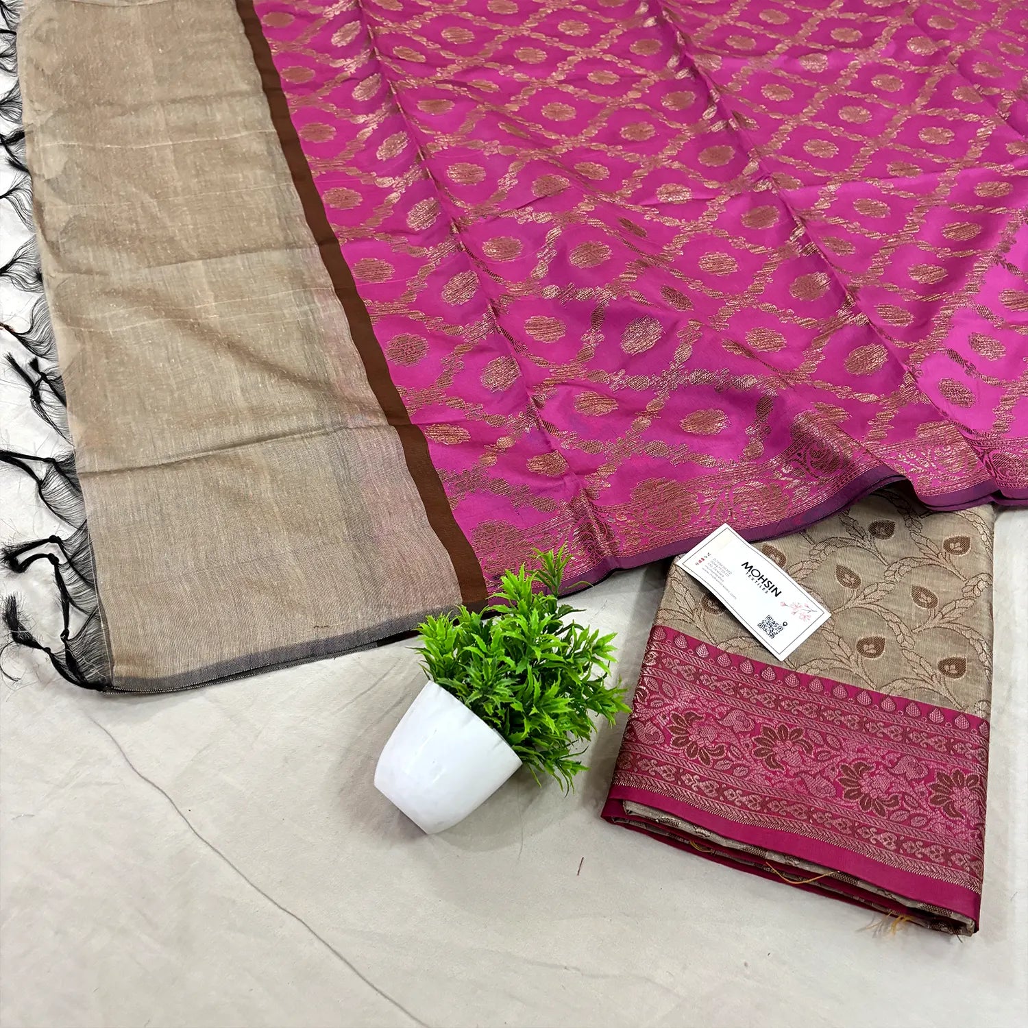 Beige and Pink Patti Jaal Banarasi Silk Suit