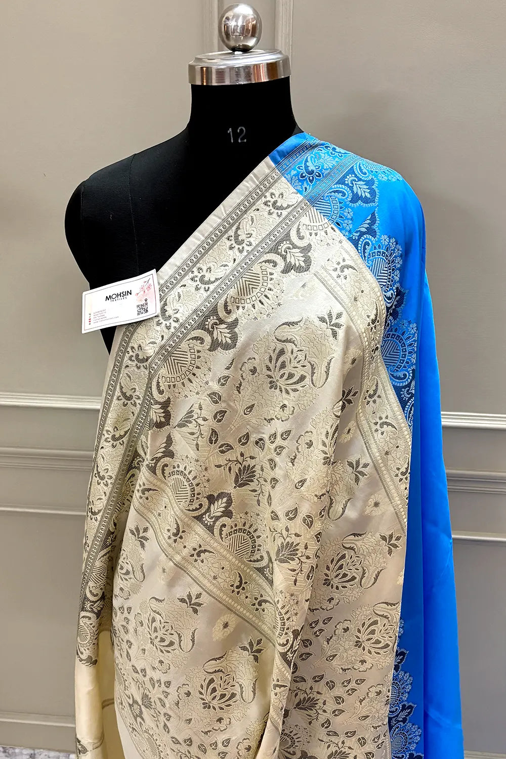 Blue and Beige Plain Resham Silk Banarasi Saree