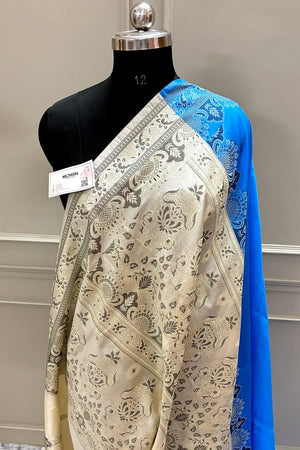 Blue and Beige Plain Resham Silk Banarasi Saree