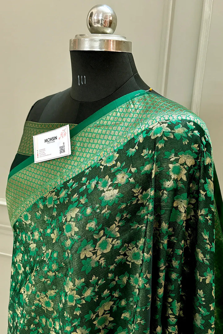 Bottle Green Jamawar Katan Silk Banarasi Saree