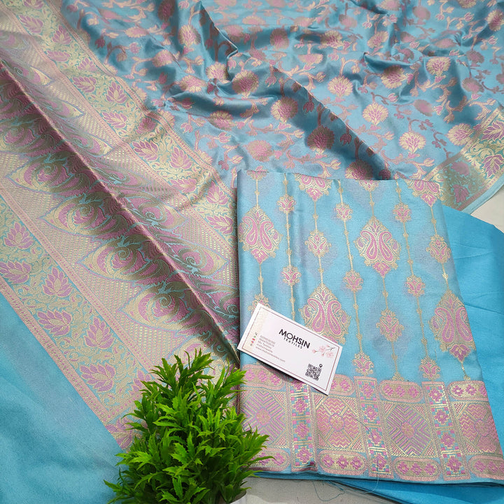 Firozi Pink Meena Katan Silk Banarasi Suit