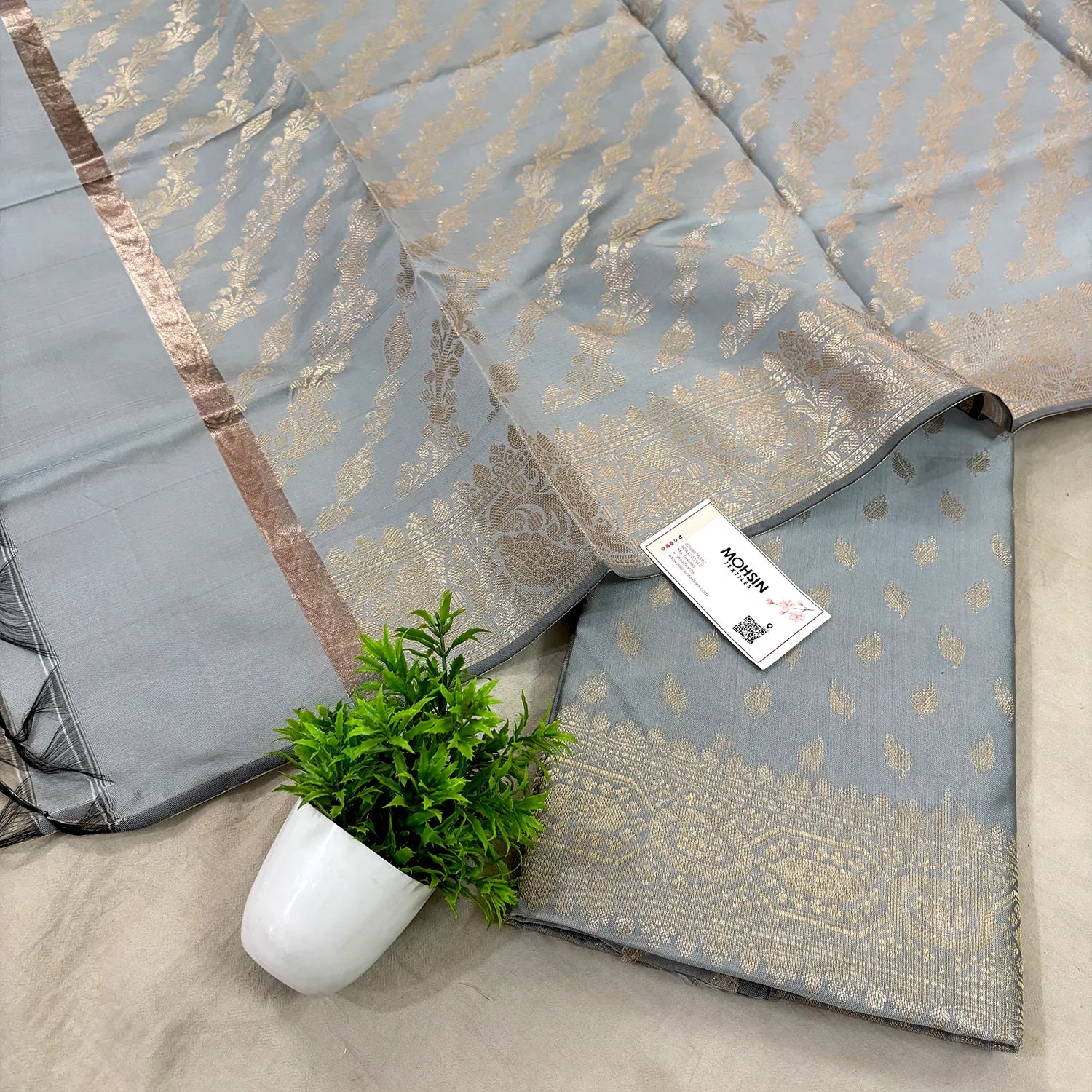 Grey Sunehri Pankh Satin Silk Banarasi Suit