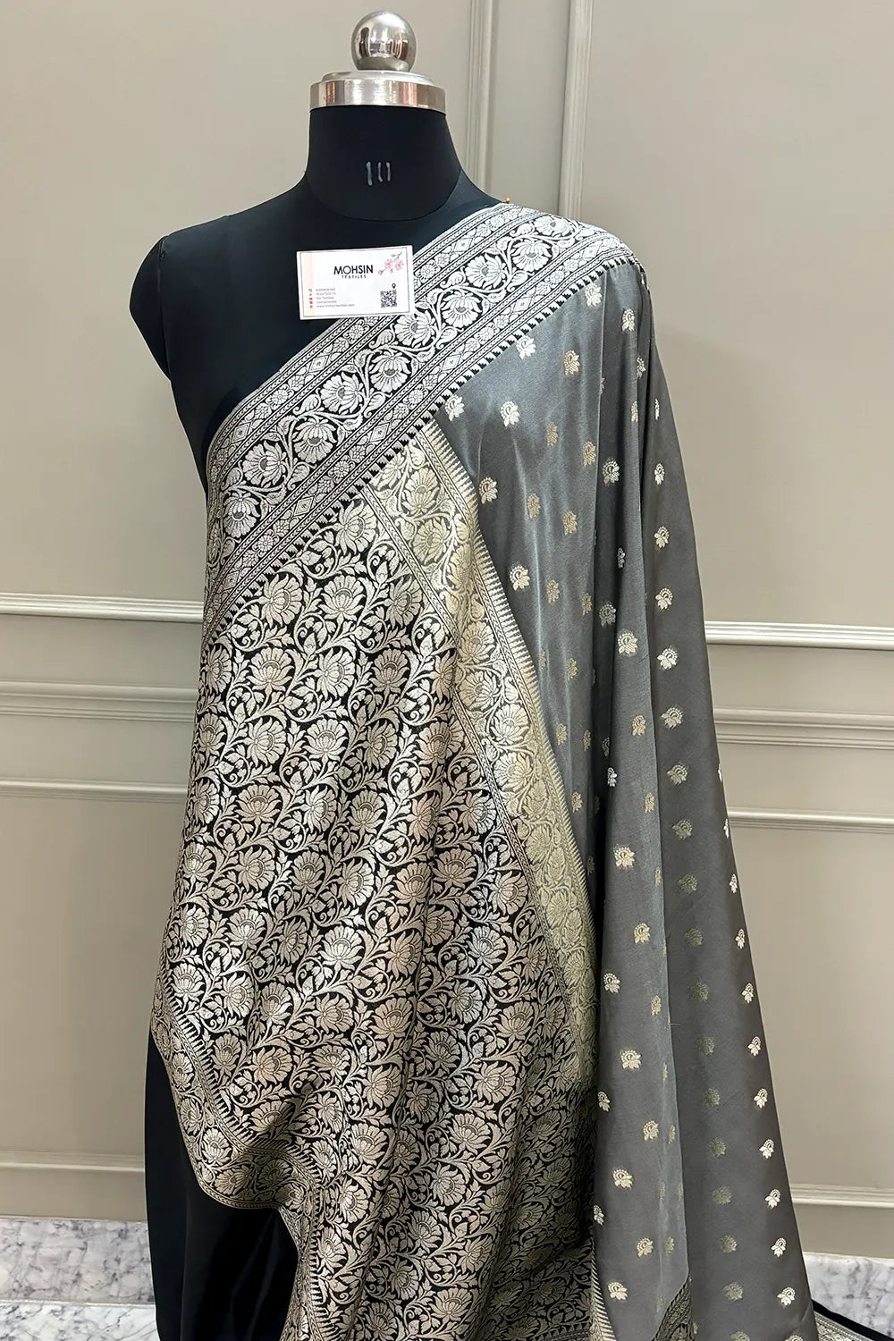 Grey and Black Ghonga Buti Katan Silk Banarasi Saree