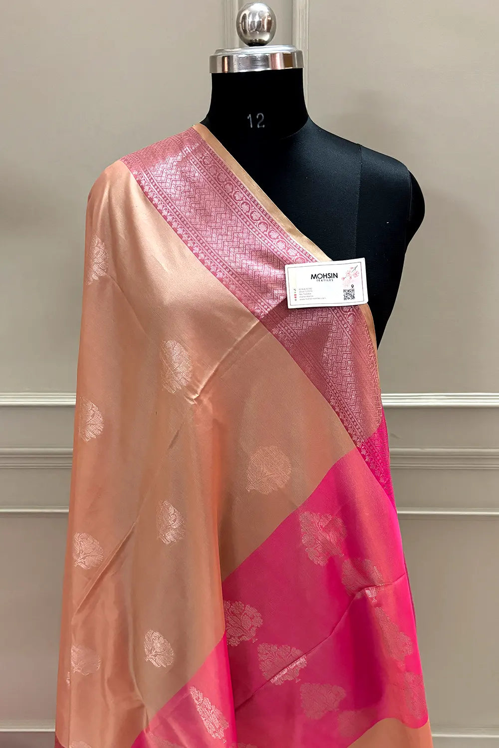 Light Peach and Pink Golden Zari Banarasi Silk Saree