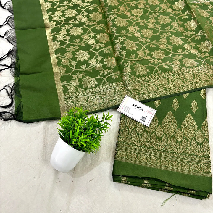 Mehendi Parvat Buti Satin Silk Banarasi Suit