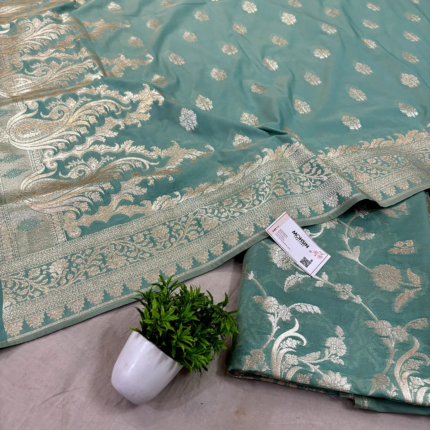 Mint Green Golden Zari Katan Silk Banarasi Suit