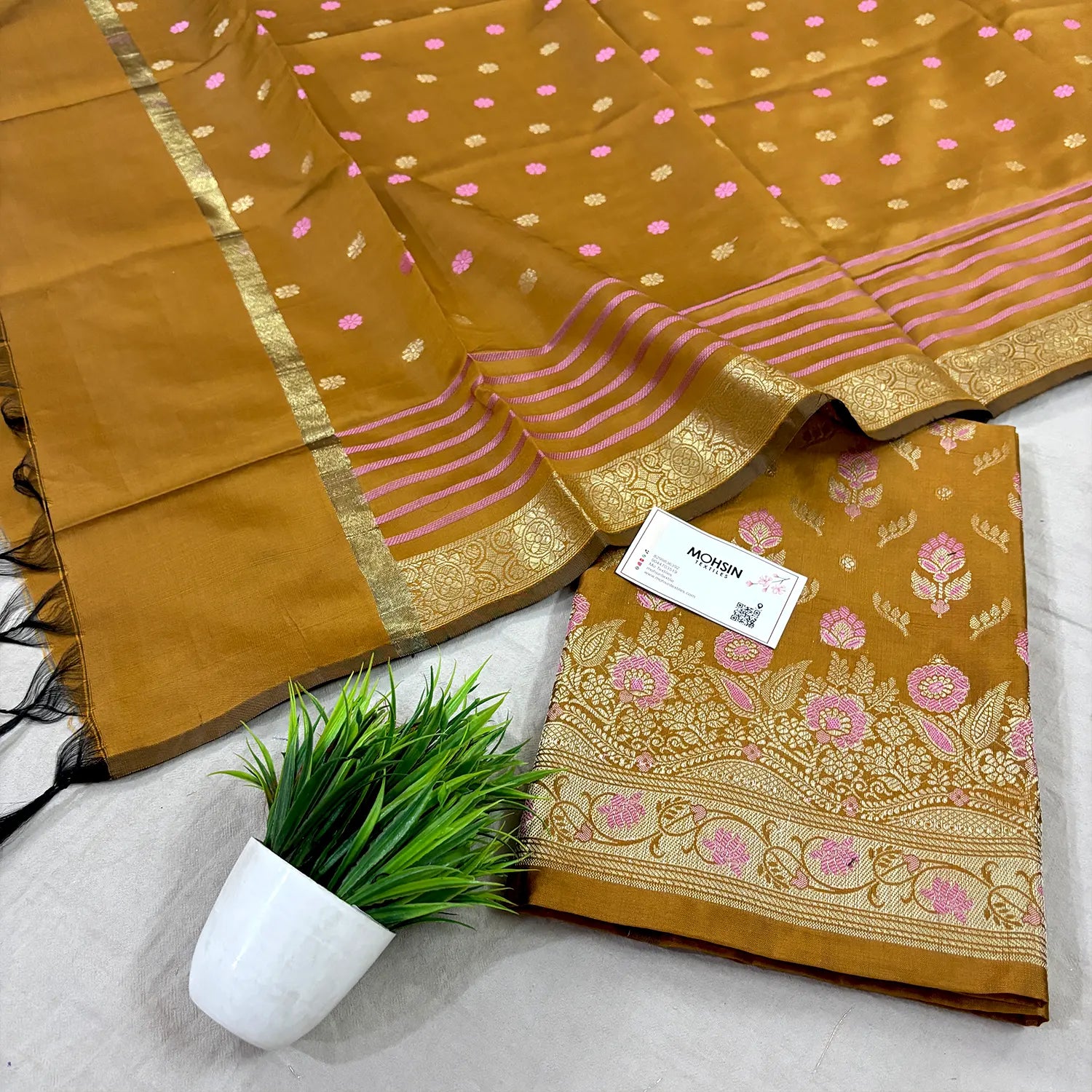 Mustard Golden Zari Satin Silk Banarasi Suit