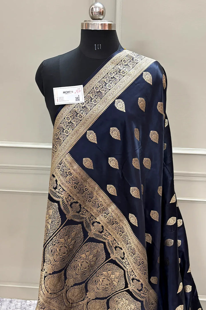 Navy Blue Badami Buta Katan Silk Banarasi Saree