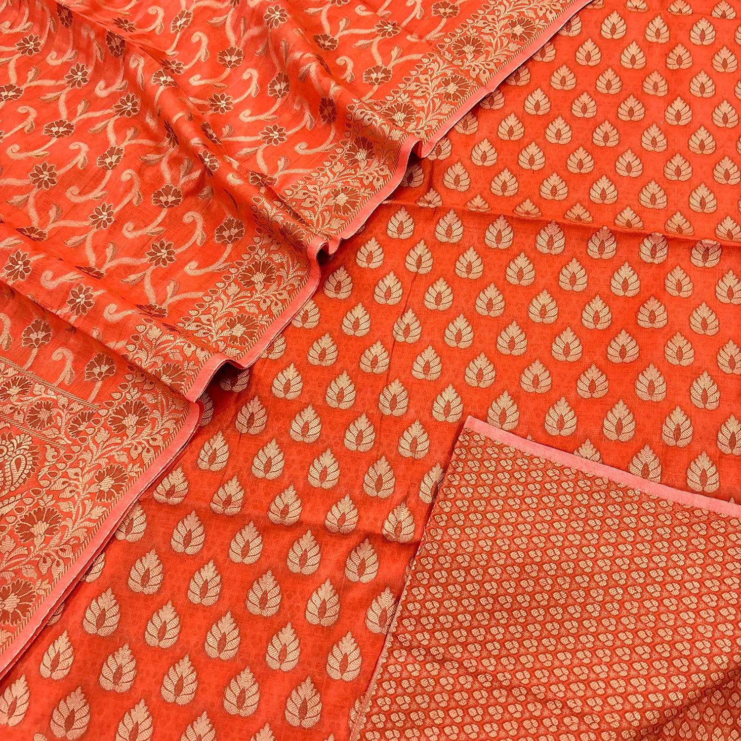 Orange Kacchi Carry Patta Cotton Banarasi Suit