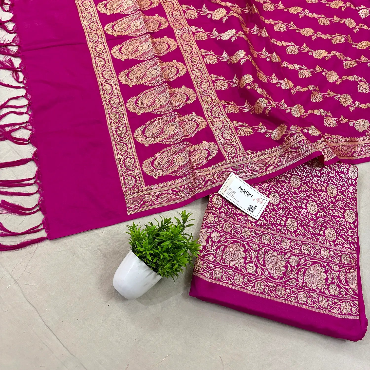 Pink Golden Zari Katan Silk Banarasi Suit