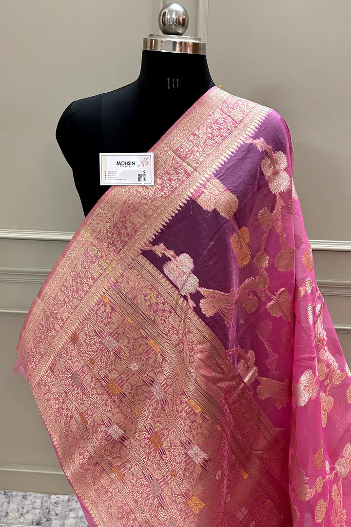 Pink Golden Zari Organza Silk Banarasi Saree