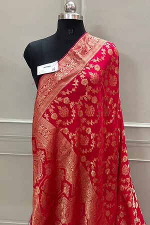 Pinkish Red Golden Zari Georgette Silk Banarasi Saree