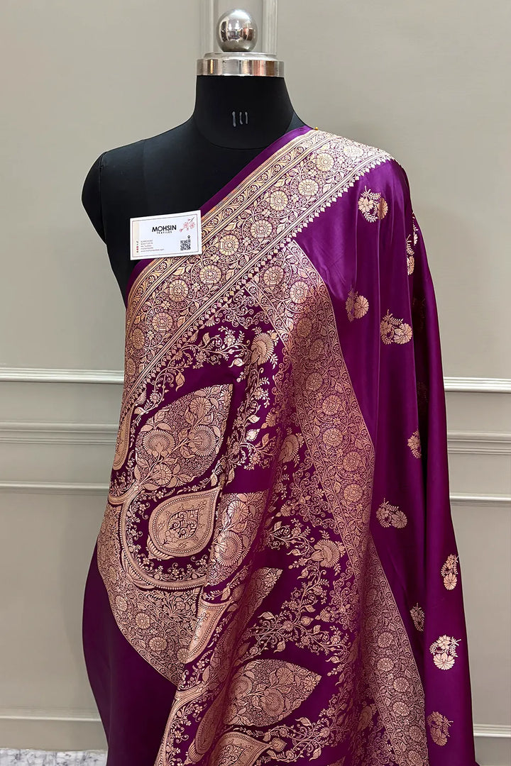 Purple Golden Flower Katan Silk Banarasi Saree