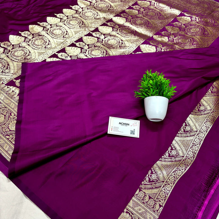 Purple Plain Golden Zari Katan Silk Banarasi Saree