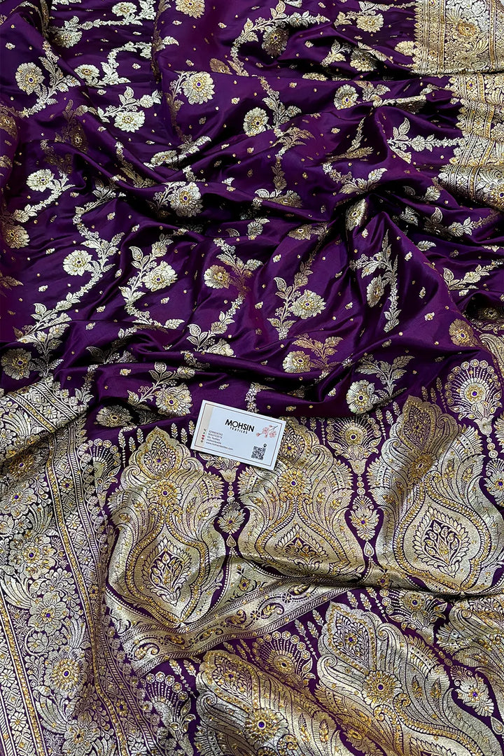 Purple Tirchi Daal Stone Work Katan Silk Banarasi Saree