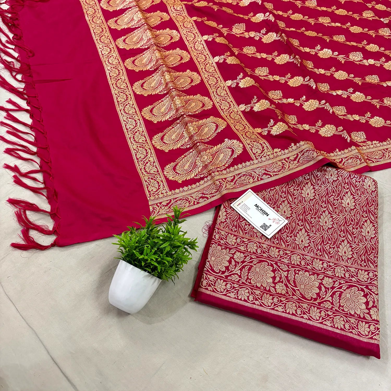Rani Pink Golden Zari Katan Silk Banarasi Suit